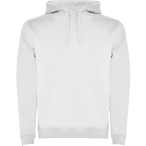 A white hooded sweatshirt with a front pocket and a logo.