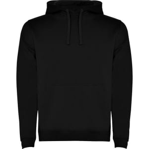 A black hooded sweatshirt with a front pocket and drawstrings, featuring a logo.