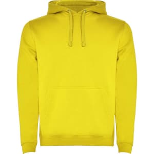 A bright yellow hooded sweatshirt featuring a kangaroo pouch and drawstring hood. It has a logo on the front.