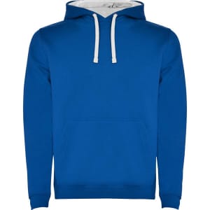 A blue hooded sweatshirt with a front pocket, white drawstrings, and a grey interior lining. It has a logo.