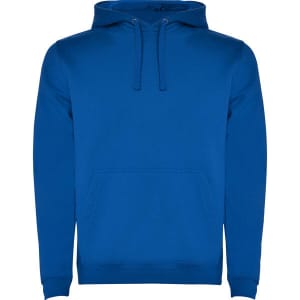 A blue hooded sweatshirt featuring a front pocket and drawstring hood. It has a logo on the front.