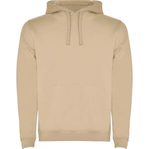 A beige hooded sweatshirt with a spacious front pocket and a drawstring hood. It features a logo.