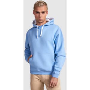 A blue hooded sweatshirt with a pouch pocket and drawstring hood, worn by a model against a plain background.