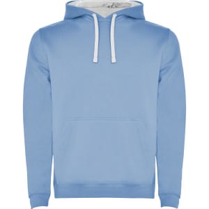 A blue hooded sweatshirt featuring a front pocket and white drawstrings. The interior has a contrasting colour.