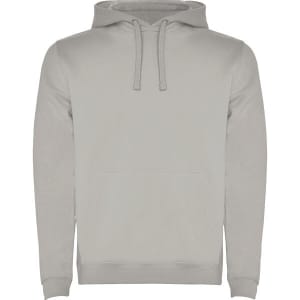 A light grey hooded sweatshirt with a kangaroo pocket and a drawstring hood. It features a logo on the front.