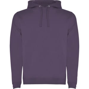 A purple hooded sweatshirt with a front pocket and drawstring hood, featuring a logo on the front.