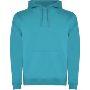 A turquoise hooded sweatshirt with a front pocket and drawstring hood, featuring a logo on the chest.