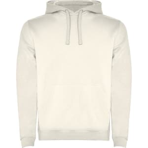A cream-coloured hooded sweatshirt with a front pocket and drawstrings, featuring a logo on the chest.