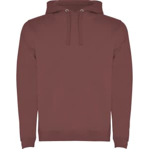 A maroon hooded sweatshirt featuring a front pocket and drawstring hood, with a logo on the front.