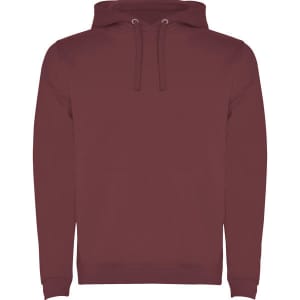 A maroon hooded sweatshirt with a front pocket and drawstring hood, featuring a logo on the side.