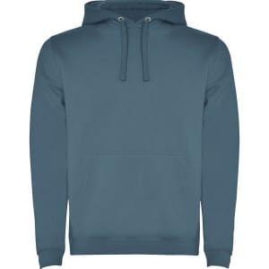 A blue urban hooded sweatshirt featuring a front pocket and drawstring hood, with a logo on the chest.