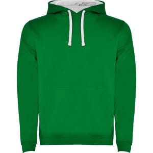 A green hooded sweatshirt featuring a front pocket and white drawstrings. It has a logo on the front.