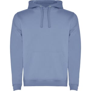 A blue urban hooded sweatshirt with a front pocket and drawstring hood. It features a logo.