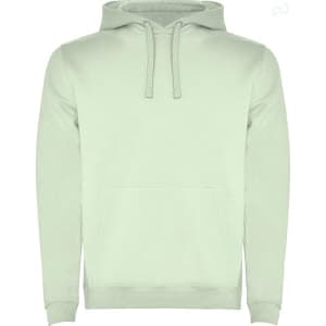 A light green hooded sweatshirt with a front pocket and drawstrings. The sweatshirt features a logo.