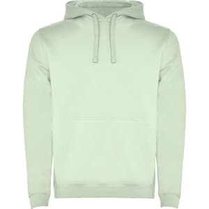 A light green hooded sweatshirt featuring a front pouch pocket and drawstrings. It includes a logo.