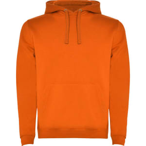 An orange hooded sweatshirt with a front pocket and drawstring hood. It features a logo on the front.