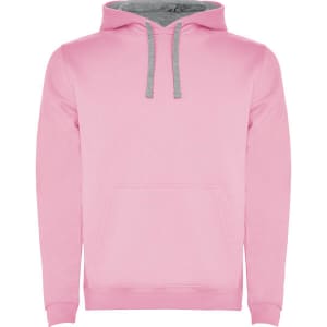 A pink hooded sweatshirt with a grey hood and drawstrings. It features a front pocket and a logo.