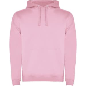 A pink urban hooded sweatshirt with a front pocket and drawstring hood, featuring a logo.