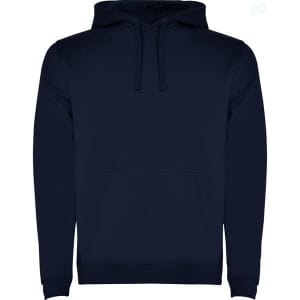 A navy hooded sweatshirt featuring a kangaroo pocket and a drawstring hood. Includes a logo on the front.