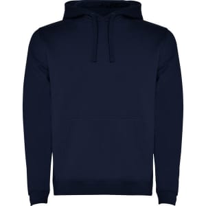 A navy hooded sweatshirt with a front pocket and drawstring hood, featuring a logo.