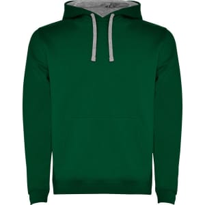 A green hooded sweatshirt with a grey-lined hood and kangaroo pocket, featuring a logo on it.