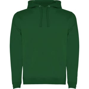 A green hooded sweatshirt featuring a front pocket and adjustable drawstring hood. It includes a logo.