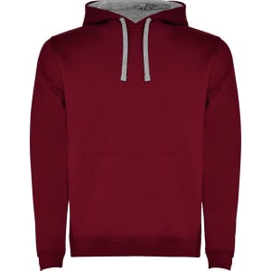A burgundy hooded sweatshirt with a grey inner lining and a front pocket. It features a logo on the front.