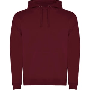 A maroon hooded sweatshirt with a front pocket and drawstring hood. It features a branding logo.