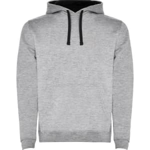 A grey urban hooded sweatshirt with a black inner lining and black drawstrings. It features a logo.