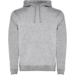 A grey hooded sweatshirt with a front pouch pocket and drawstring hood. It features a logo on the front.