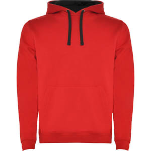 A red urban hooded sweatshirt featuring a black hood and drawstrings, complete with a front pocket and logo.