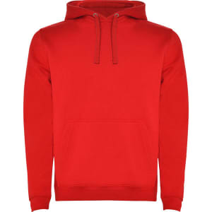 A red hooded sweatshirt with a front pocket and a drawstring hood. It features a logo on the fabric.