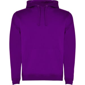 A purple hooded sweatshirt with a front pouch pocket and a drawstring hood. It features a logo.