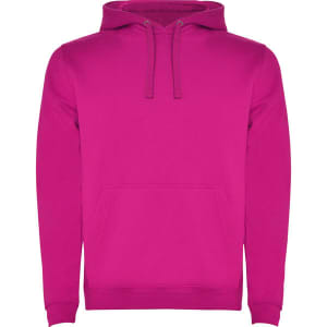 A bright pink hooded sweatshirt with a front pocket and drawstrings. It features a logo on one area.