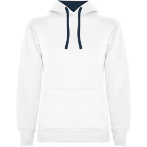 A white hooded sweatshirt with a navy blue drawstring and a front pocket. It features a logo.