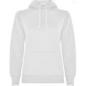 A white hooded sweatshirt with a front pocket and adjustable drawstrings. It features a logo on the design.