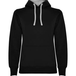 A black hooded sweatshirt with grey drawstrings and a front pocket. It features a logo on the design.