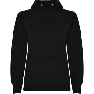 A black hooded sweatshirt featuring a front pocket and adjustable drawstrings, with a subtle logo.
