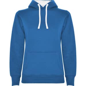 A blue women's hooded sweatshirt with a front pocket and white drawstrings. It features a logo on the front.