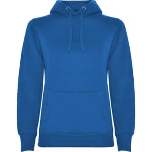 A blue hooded sweatshirt with a front pocket and drawstring hood, featuring a logo on the design.
