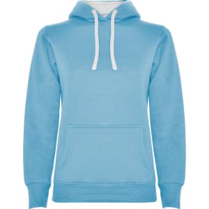 A light blue hooded sweatshirt featuring a front pocket and white drawstrings. It has a simple design with a logo.