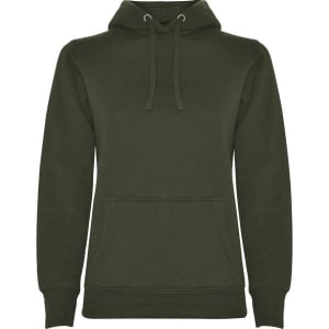A green hooded sweatshirt featuring a front pocket and drawstring hood. It has a branding logo.