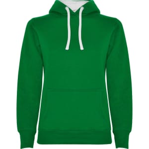 A green hooded sweatshirt with a front pocket and white drawstrings, featuring a logo.