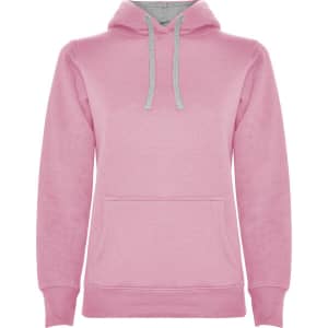A pink hooded sweatshirt with a contrasting grey-lined hood and a front pocket. It features a logo.