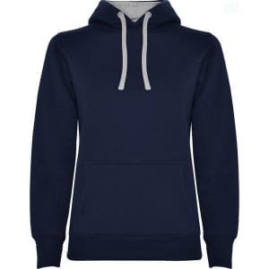 A navy hooded sweatshirt with a grey interior and drawstrings, featuring a front pocket and a logo.