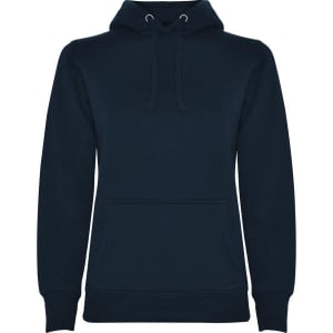 A navy hooded sweatshirt featuring a front pocket and a drawstring hood. It includes a logo on the front.