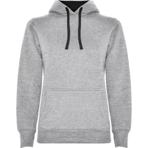 A grey hooded sweatshirt with a black drawstring and front pocket. It features a simple design and includes a logo.