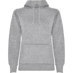 A grey hooded sweatshirt featuring a front pocket and drawstring hood, with a small logo.