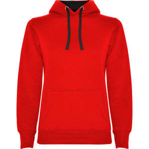 A red hooded sweatshirt featuring a black drawstring and front pocket. It has a logo on the front.