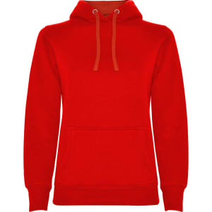 A red hooded sweatshirt featuring a kangaroo pocket and drawstring hood, with a logo on the front.